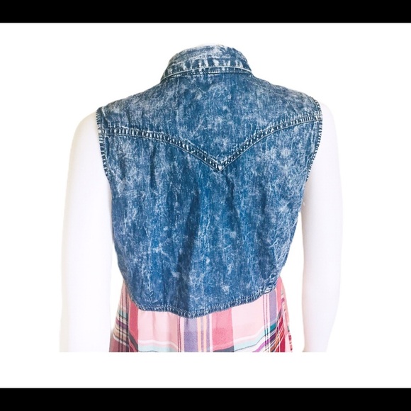 WAREHOUSE ONE Mixed Media Denim Button Down Shirt With Plaid Blue/Pink Sz Medium - Picture 6 of 11